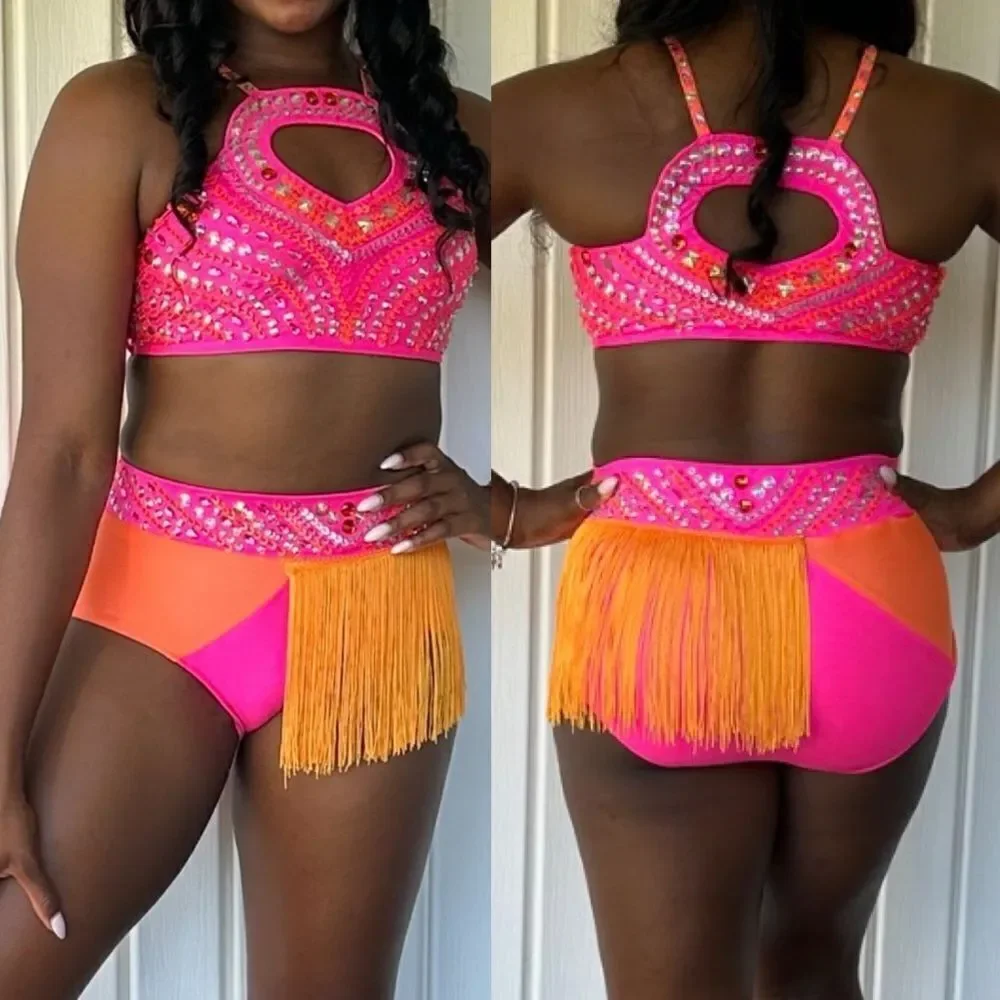 Glamour dance solo costume neon orange fringe rhinestone 2 piece LC-large child
